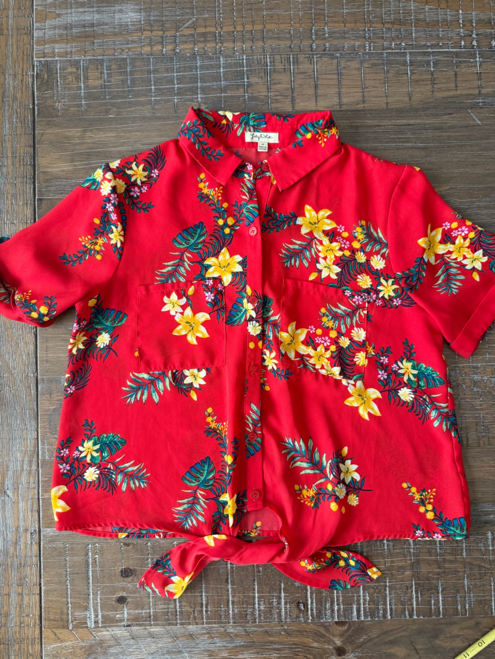 Lily White Red Tropical Floral Tie-Front Shirt